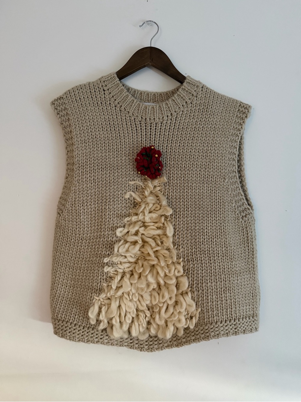 ZARA Cream Chunky Knit Sweater with Red Floral Detail